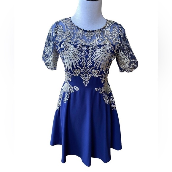 YZXH Yu Zhong Xie Hou Navy Blue and Taupe Lace Embroidered A-Line Dress Size L - Picture 1 of 15